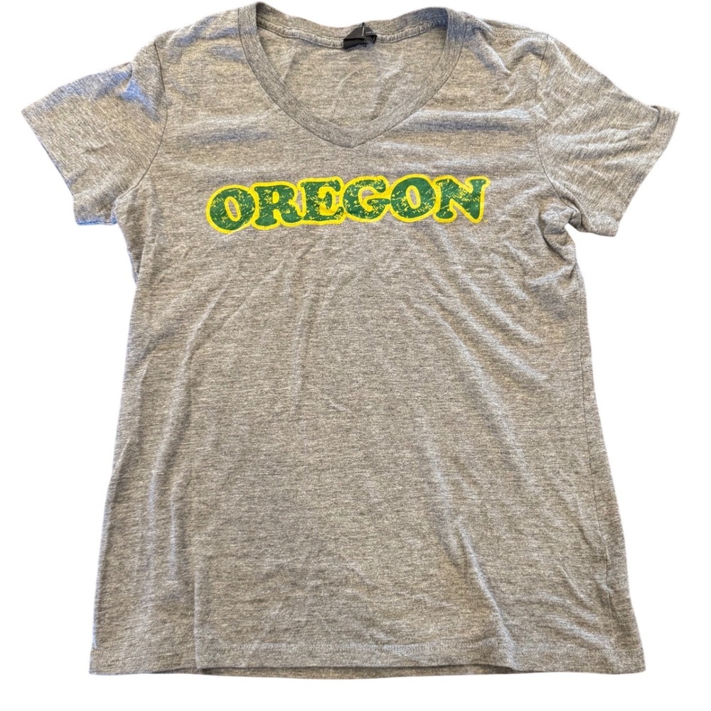 Allmade Oregon Ducks Tri-Blend V-Neck T-Shirt Gray Distressed Graphic Womens M